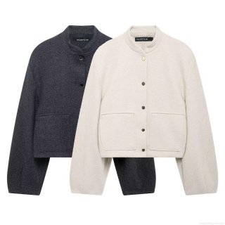 Women's Fashion Short Bomber Jacket Woolen Texture Coat With Patch Pockets Round Neck Button Down Long Sleeve Outwear Casual Streetwear For Autumn Winter