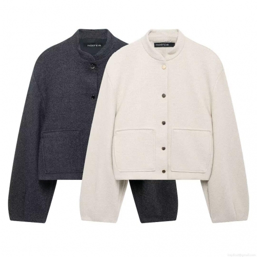 Women's Fashion Short Bomber Jacket Woolen Texture Coat With Patch Pockets Round Neck Button Down Long Sleeve Outwear Casual Streetwear For Autumn Winter