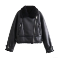 Women Fashion Faux Leather Motorcycle Jacket With Faux Shearling Fur Lining Lapel Zip Up Short Biker Coat Autumn Winter Warm Outwear Black