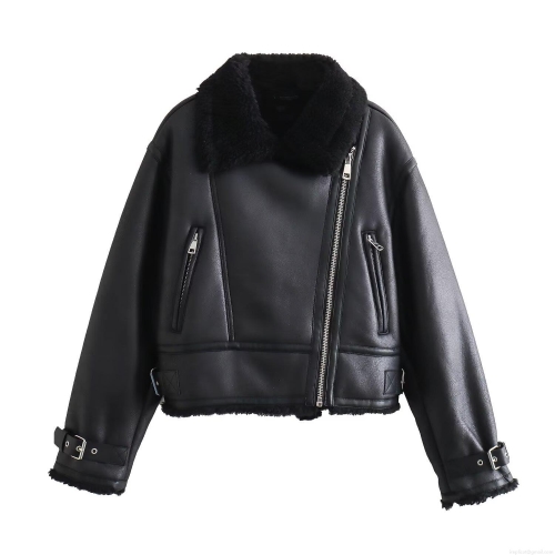 Women Fashion Faux Leather Motorcycle Jacket With Faux Shearling Fur Lining Lapel Zip Up Short Biker Coat Autumn Winter Warm Outwear Black
