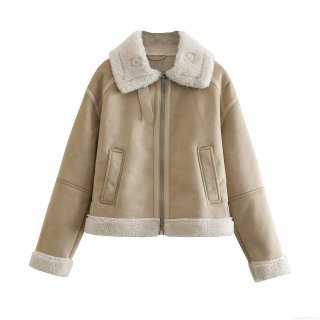 Women's Faux Suede Leather Jacket Sheepskin Faux Fur Integrated Short Coat Turn-down Collar Zipper Outwear Street Style Winter Warm Solid Khaki Jacket