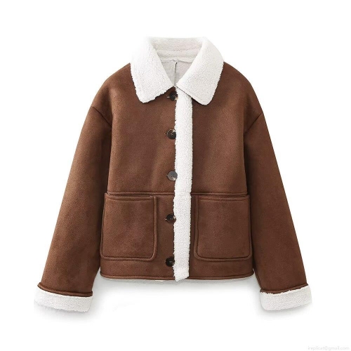 Women's Fashion Faux Suede Patchwork Jacket With Faux Lamb Wool Collar Vintage Streetwear Button Down Coat With Patch Pockets For Autumn Winter