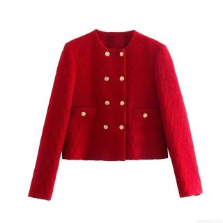 Women's Elegant Red Tweed Jacket Double Breasted Gold Button Decor Long Sleeve Short Coat Casual Office Vintage Style Outerwear