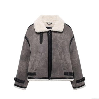 Women's Faux Shearling Moto Jacket Autumn Winter Warm Faux Suede Patchwork Outerwear Belted Hem Lapel Zipper Coat Casual Streetwear For Lady