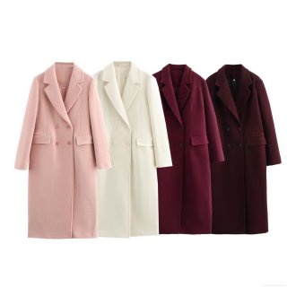 Women Fashion Long Woolen Coat Elegant Double Breasted Polyester Blend Trench Overcoat Solid Color Lapel Collar Ladies Casual Streetwear Outerwear For Autumn Winter