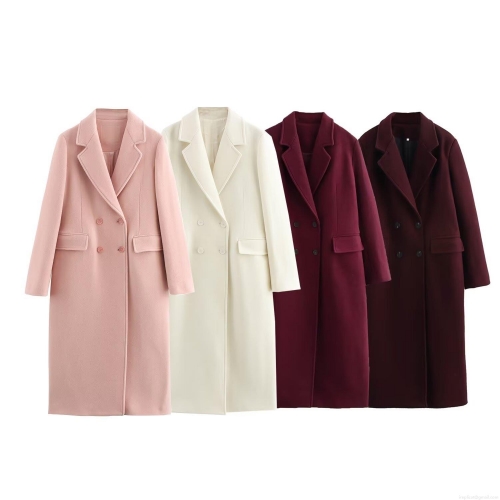 Women Fashion Long Woolen Coat Elegant Double Breasted Polyester Blend Trench Overcoat Solid Color Lapel Collar Ladies Casual Streetwear Outerwear For Autumn Winter