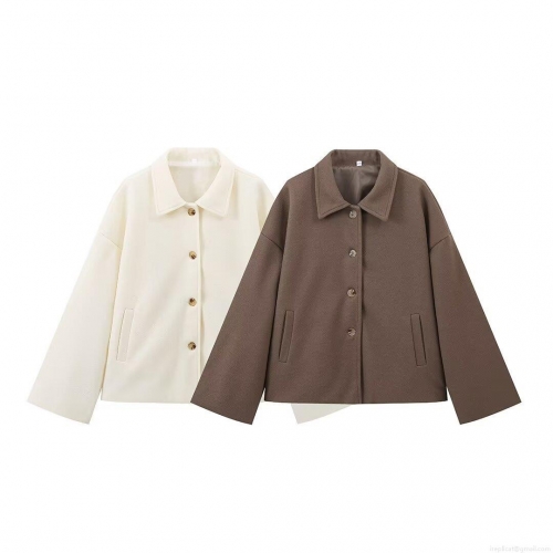 Women's Fashion Short Woolen Jacket Autumn Winter Lapel Long Sleeve Single Breasted Solid Color Polyester Coat For Ladies Casual Streetwear Outerwear