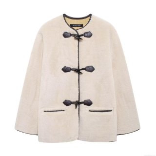 Women's Faux Fur Coat With Horn Buttons Beige Round Neck Long Sleeve Jacket Leather Trim Pockets Warm Outerwear Autumn Winter Fashion Western Style