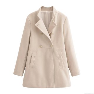 Women Double Breasted Woolen Coat Stand Collar Gold Button Mid Length Long Sleeve Jacket Elegant Casual Office Solid Color Polyester Blend Overcoat