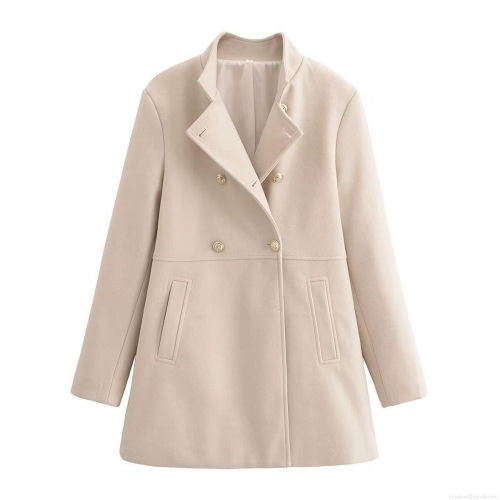 Women Double Breasted Woolen Coat Stand Collar Gold Button Mid Length Long Sleeve Jacket Elegant Casual Office Solid Color Polyester Blend Overcoat