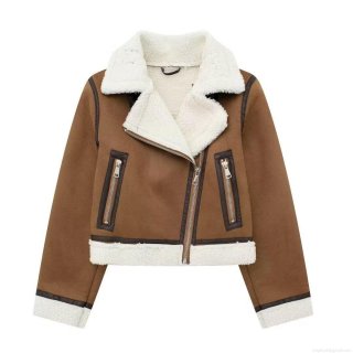 Women's Fashion Faux Suede Lambswool Biker Jacket Short Warm Autumn Winter Outerwear Streetwear Zip Up Coat For Women