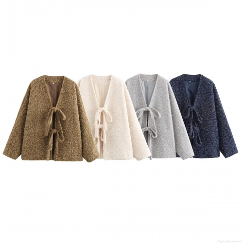 Women Fashion Long Sleeve Sherpa Fleece Knit Jacket 100% Polyester Mid-Length Cardigan Coat With Front Tie Bow Solid Color Outwear For Autumn Winter Lady