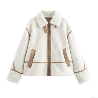 Women's Sherpa Fleece Jacket Contrast Trim Zip Up Warm Winter Coat Fashion Stand Collar Long Sleeve Streetwear Outwear Thick Plush Jacket for Ladies