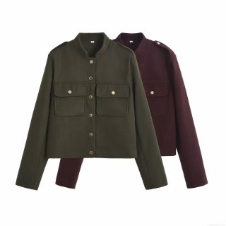 Women's Structured Fashion Jacket Solid Color Stand Collar Long Sleeve Outerwear With Gold Buttons Flap Pockets For Autumn Winter Streetwear Office Lady
