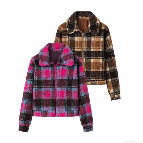 Women's Plaid Fleece Jacket Lapel Zipper Long Sleeve Sherpa Outerwear Casual Winter Warm Patchwork Coat Streetwear