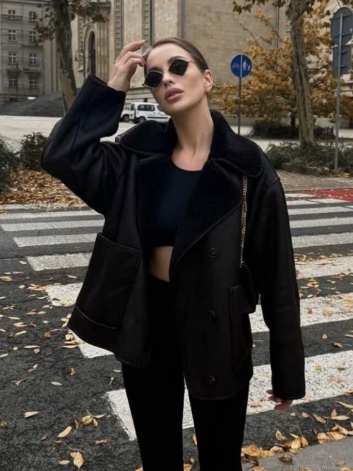 Women Fashion Lapel Faux Leather Fur Integrated Long Sleeve Jacket Autumn Winter Warm Suede Fleece Lining Single Breasted Coat With Pockets