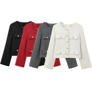 Women's Elegant Tweed Jacket Round Neck Long Sleeve Short Slim Fit Blazer With Gold Buttons Classic Autumn Winter Outerwear For Office Party Lady Coat
