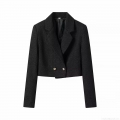 Women Tweed Cropped Jacket Elegant Lapel Long Sleeve Solid Blazer With Gold Buttons Fashion Vintage Short Coat For Daily Outwear
