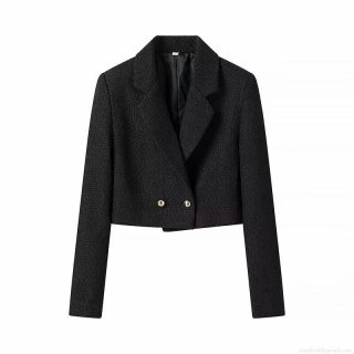 Women Tweed Cropped Jacket Elegant Lapel Long Sleeve Solid Blazer With Gold Buttons Fashion Vintage Short Coat For Daily Outwear