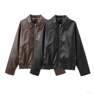 Women's Faux Leather Bomber Jacket PU Long Sleeve Zipper Flight Coat With Ribbed Hem Cuffs Retro Streetwear Outerwear For Autumn Winter