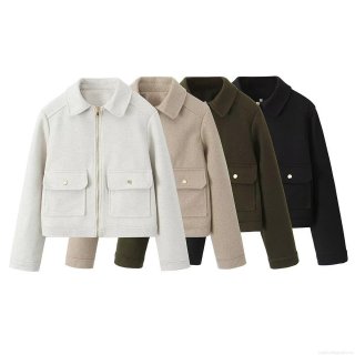 Women Fashion Lapel Zipper Woolen Look Jacket Long Sleeve Solid Color Pocket Coat Streetwear Casual Winter Outerwear For Ladies