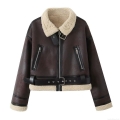Women's Faux Shearling Aviator Jacket Vintage PU Leather Lapel Zipper Short Outerwear With Faux Lamb Wool Lining Winter Warm Streetwear Coat