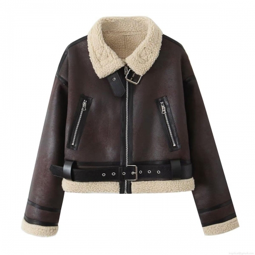 Women's Faux Shearling Aviator Jacket Vintage PU Leather Lapel Zipper Short Outerwear With Faux Lamb Wool Lining Winter Warm Streetwear Coat