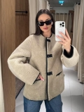 Women's Plush Sherpa Jacket Round Neck Faux Fur Coat With Black Leather Piping Single Breasted Patchwork Warm Outerwear For Winter Streetwear Casual Fashion