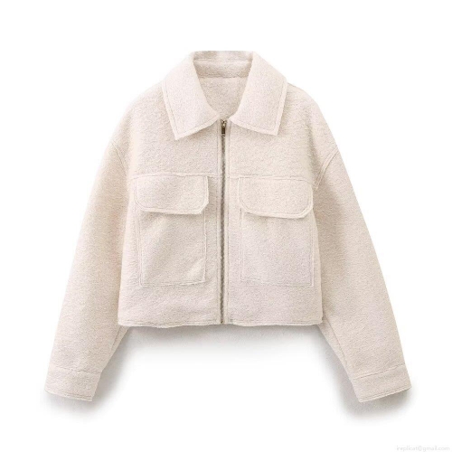 Women's Fashion Two-Tone Texture Bouclé Fleece Short Jacket Zipper Long Sleeve Turn-down Collar Outerwear Vintage Street Style Warm Coat for Winter