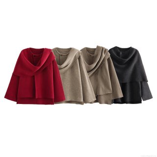 Women's Autumn Knit Cape Coat With Asymmetrical Scarf Collar Casual Solid Color Short Jacket Loose Outerwear For Women Streetwear