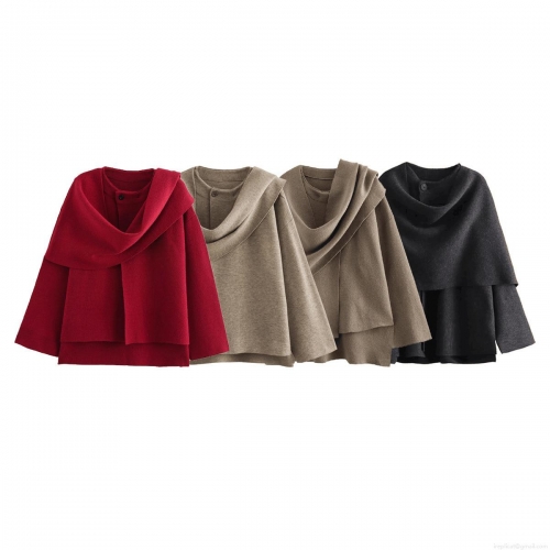 Women's Autumn Knit Cape Coat With Asymmetrical Scarf Collar Casual Solid Color Short Jacket Loose Outerwear For Women Streetwear