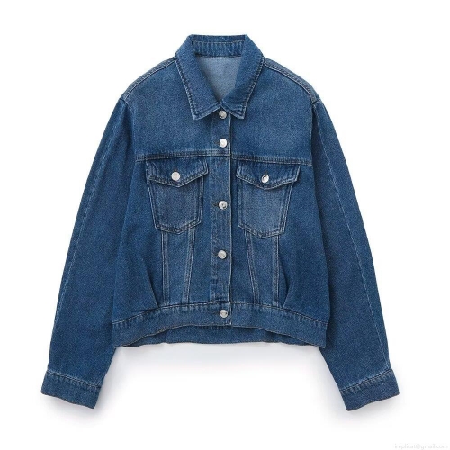 Women's Western Fashion Long Sleeve Denim Jacket Washed Polyester Cotton Blend Outerwear Navy Blue Solid Color Streetwear Jean Coat With Metal Buttons