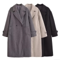 Women 100% Polyester Woolen Fabric Long Coat Double Breasted Lapel Long Sleeve Loose Fit Overcoat For Winter Chic Urban Streetwear Casual Daily Outwear