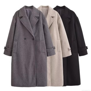 Women 100% Polyester Woolen Fabric Long Coat Double Breasted Lapel Long Sleeve Loose Fit Overcoat For Winter Chic Urban Streetwear Casual Daily Outwear
