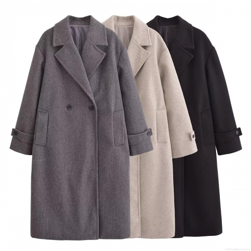 Women 100% Polyester Woolen Fabric Long Coat Double Breasted Lapel Long Sleeve Loose Fit Overcoat For Winter Chic Urban Streetwear Casual Daily Outwear