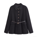 Women's Tweed Jacket With Belt Elegant Solid Black Long Sleeve Lapel Mid-length Winter Coat With Gold Buttons For Women Streetwear