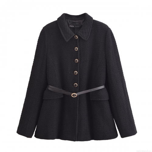 Women's Tweed Jacket With Belt Elegant Solid Black Long Sleeve Lapel Mid-length Winter Coat With Gold Buttons For Women Streetwear
