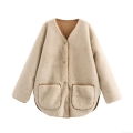 Women's V Neck Faux Shearling Fleece Jacket Button Down Reversible Sherpa Coat With Contrast Suede Trim Warm Winter Long Sleeve Outerwear Casual Chic
