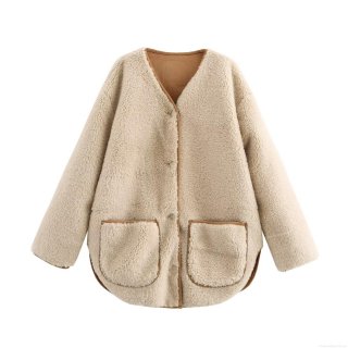 Women's V Neck Faux Shearling Fleece Jacket Button Down Reversible Sherpa Coat With Contrast Suede Trim Warm Winter Long Sleeve Outerwear Casual Chic