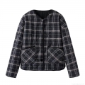 Women's Plaid Quilted Jacket Round Neck Button Down Polyester Padded Coat Long Sleeve Casual Streetwear Winter Outerwear