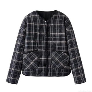 Women's Plaid Quilted Jacket Round Neck Button Down Polyester Padded Coat Long Sleeve Casual Streetwear Winter Outerwear
