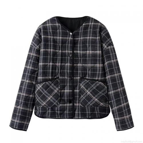 Women's Plaid Quilted Jacket Round Neck Button Down Polyester Padded Coat Long Sleeve Casual Streetwear Winter Outerwear