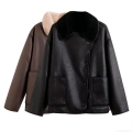 Women Fashion Two-Tone Faux Shearling Leather Jacket Long Sleeve Contrast Lapel Warm Coat Streetwear Winter Outerwear Patchwork PU Leather Button Jacket For Women