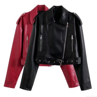 Women's Short Moto Faux Leather Jacket Punk Streetwear Biker PU Coat With Metal Zippers And Adjustable Belt Winter Autumn Lapel Outerwear