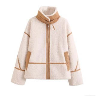 Women's Winter Warm Sherpa Fleece Jacket Faux Suede Patchwork Stand Collar Zipper Outerwear Casual Streetwear Plush Coat For Women