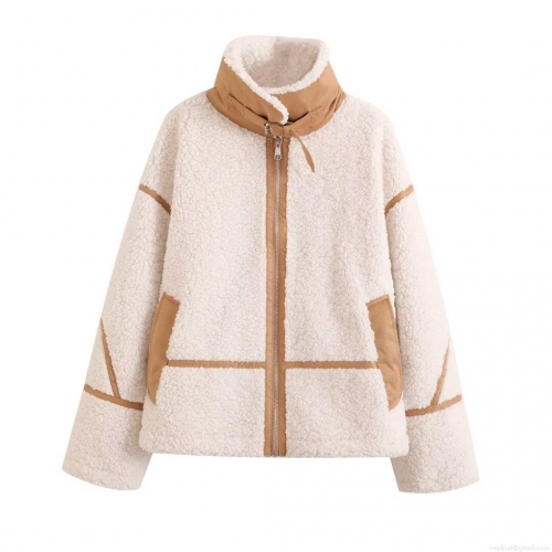 Women's Winter Warm Sherpa Fleece Jacket Faux Suede Patchwork Stand Collar Zipper Outerwear Casual Streetwear Plush Coat For Women