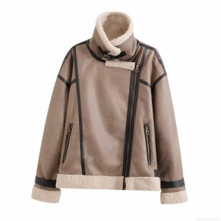 Women's Faux Shearling Biker Jacket Faux Suede With Lamb Wool Lined Moto Outerwear Streetwear Stand Collar Zip Winter Coat