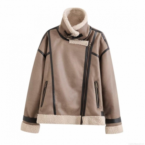 Women's Faux Shearling Biker Jacket Faux Suede With Lamb Wool Lined Moto Outerwear Streetwear Stand Collar Zip Winter Coat