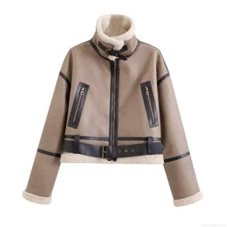 Women Fashion Faux Leather Moto Jacket Winter Warm Fleece Lined Splicing Stand Collar Bomber Coat Khaki Streetwear Faux Fur Suede Outerwear For Women