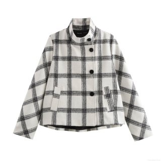 Women's European American Fashion Stand Collar Plaid Long Sleeve Jacket Coat Trendy Spring Streetwear Outwear With Buttons Black White Checkered Top